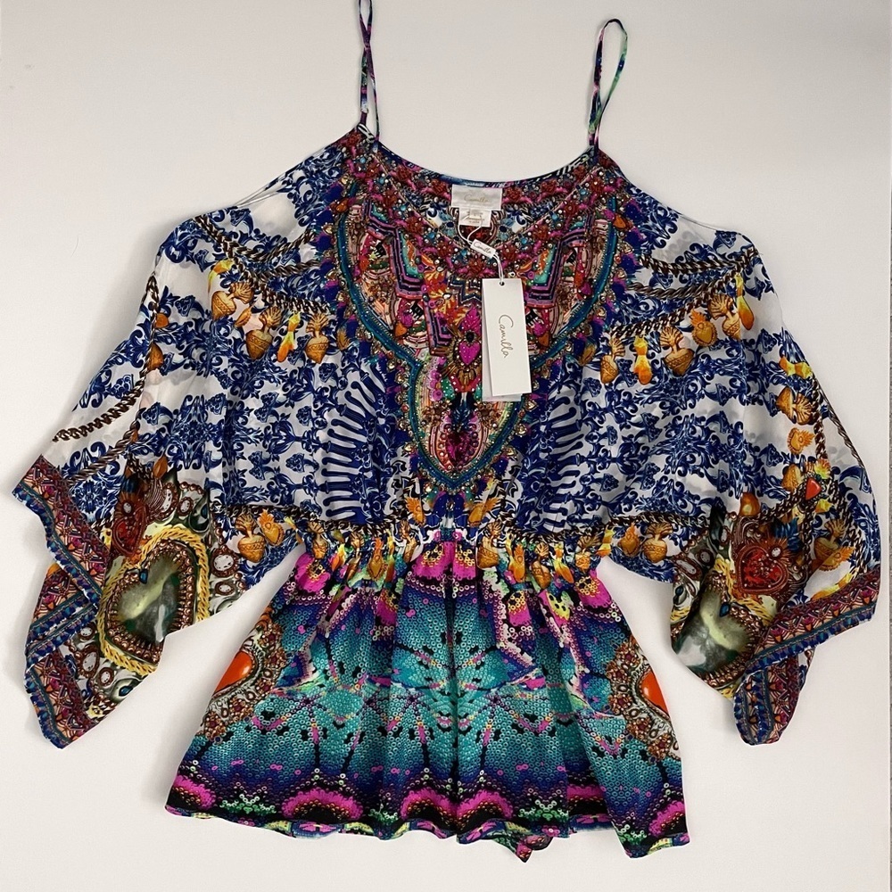 Camilla Drop Shoulder Playsuit Lucky Charms Crystal embellished romper silk - Picture 3 of 14